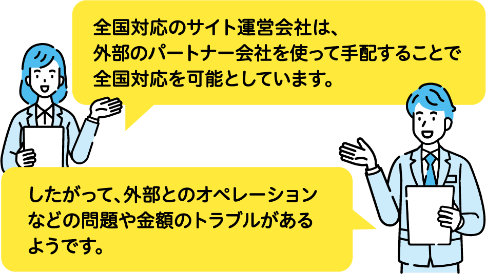 全国対応のサイト運営会社は、外部のパートナー会社を使って手配することで全国対応を可能としています。したがって、外部とのオペレーションなどの問題や金額のトラブルがあるようです。