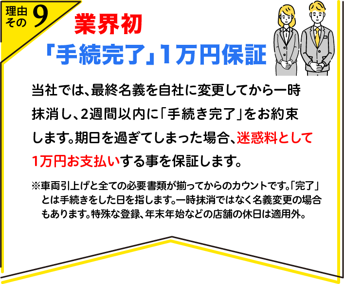 業界初　「手続完了」1万円保証