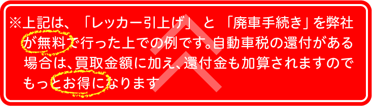 上記は「レッカー引上げ」と「廃車手続き」を弊社が無料で行った上での例です。自動車税の還付がある場合は、買取金額に加え、還付金も加算されますのでもっとお得になります